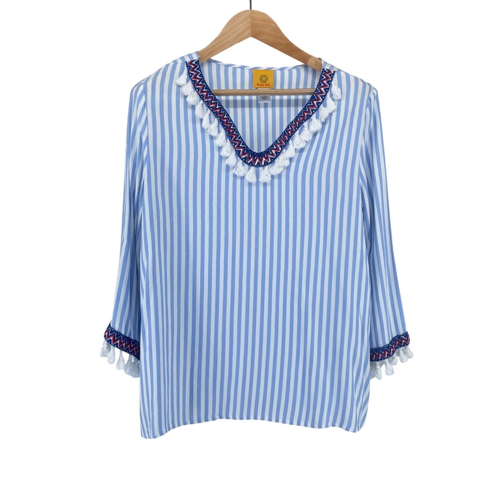 Ruby Rd Tunic Top Womens Large Blue White Striped Tassels Boho Hippie Coastal